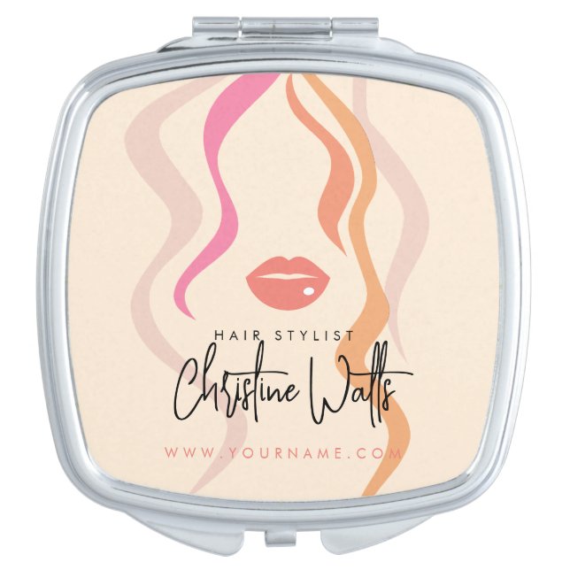 Minimalist Light Peach Hairstylist Wavy Hair Cute Compact Mirror (Front)