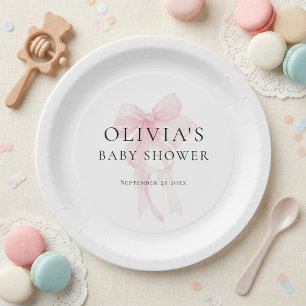 Minimalist Light Pink Bow Baby Shower Paper Plates
