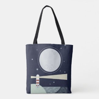 Minimalist lighthouse with moon and stars