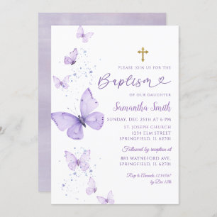 Minimalist Lilac Purple Butterfly Girl Baptism Invitation
