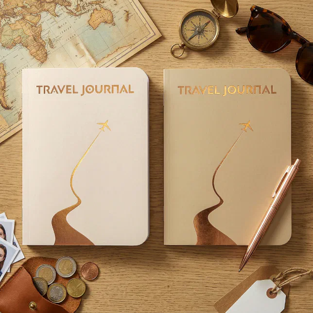 Two travel journals with a simple airplane motif in gold foil. One journal is white, one is beige. In the background there is a pen, a purse with Euro coins spilling out, gift tags, passport photos, a map, a compass and some sunglasses.