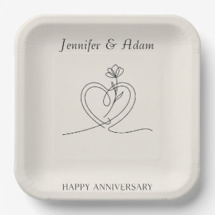 Minimalist Line Art Anniversary Design with Heart Paper Plates