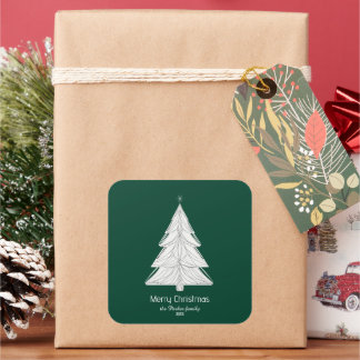 Minimalist Line-Art Christmas Tree with Geometric Square Sticker