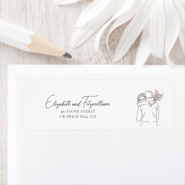 Minimalist Line Art Couple Hugging with Bouquet Label (Insitu)