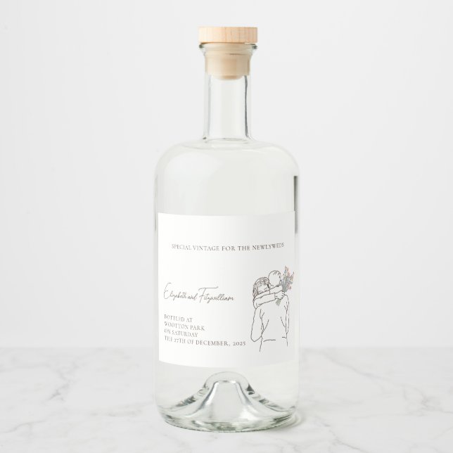 Minimalist Line Art Couple Hugging with Bouquet Liquor Bottle Label (Front)