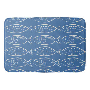 Minimalist Line Art Fish Ocean Blue Bath Mat