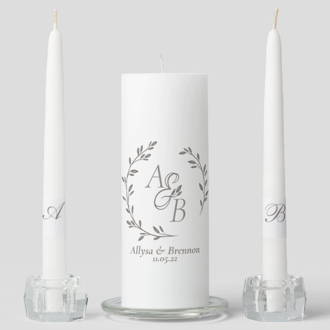 Minimalist Line Art Floral Leaf Wreath  Unity Candle Set (Front)