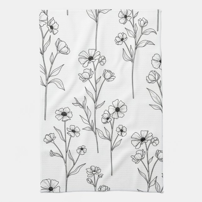 Minimalist Line Art Floral Seamless Pattern (2) Kitchen Towel (Vertical)
