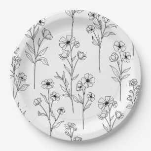 Minimalist Line Art Floral Seamless Pattern (2) Paper Plates