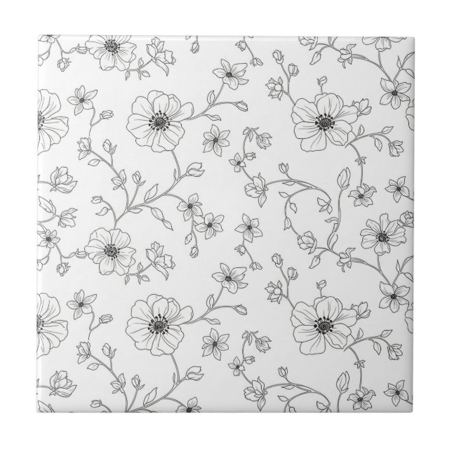 Minimalist Line Art Floral Seamless Pattern (4) Ceramic Tile (Front)