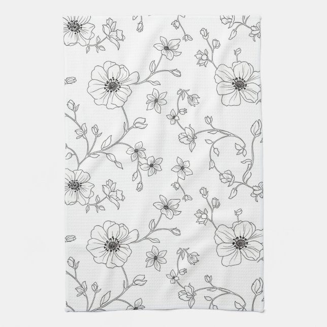 Minimalist Line Art Floral Seamless Pattern (4) Kitchen Towel (Vertical)