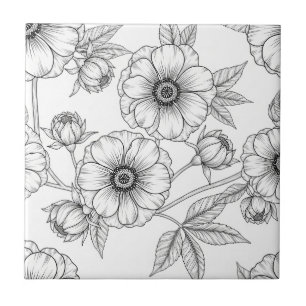 Minimalist Line Art Floral Seamless Pattern (5) Ceramic Tile