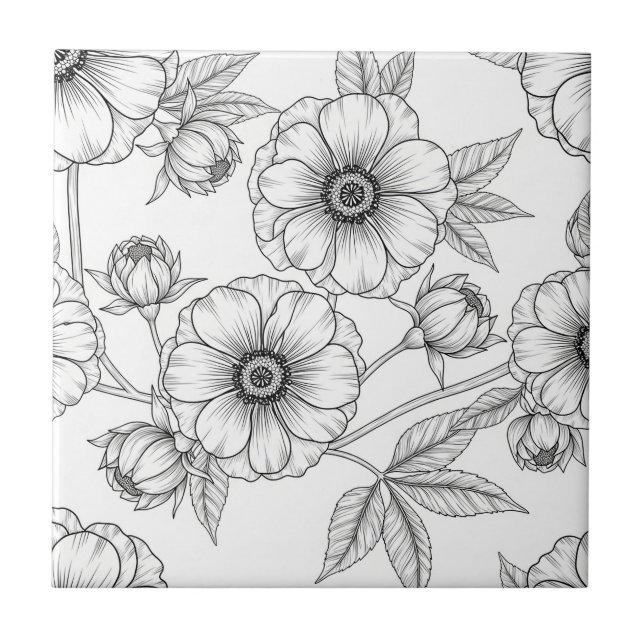 Minimalist Line Art Floral Seamless Pattern (5) Ceramic Tile (Front)