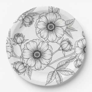 Minimalist Line Art Floral Seamless Pattern (5) Paper Plates