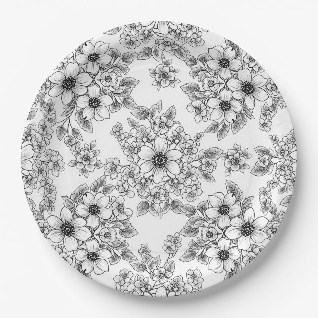 Minimalist Line Art Floral Seamless Pattern (6) Paper Plates (Front)