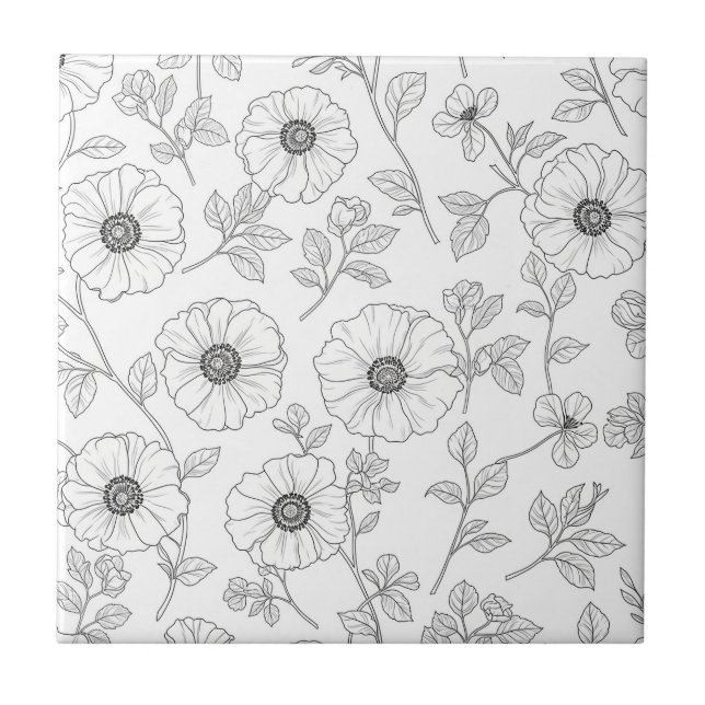 Minimalist Line Art Floral Seamless Pattern (8) Ceramic Tile (Front)