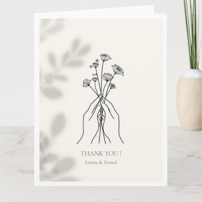 Minimalist Line Art Hands & Flowers Thank You Card (Front)