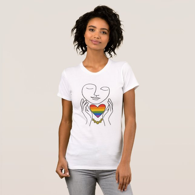 Minimalist Line Art Human Pride Rainbow Heart T-Shirt (Front Full)