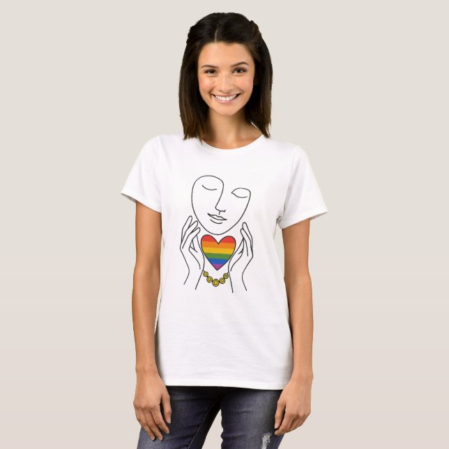 Minimalist Line Art Human Pride Rainbow Heart T-Shirt (Front Full)