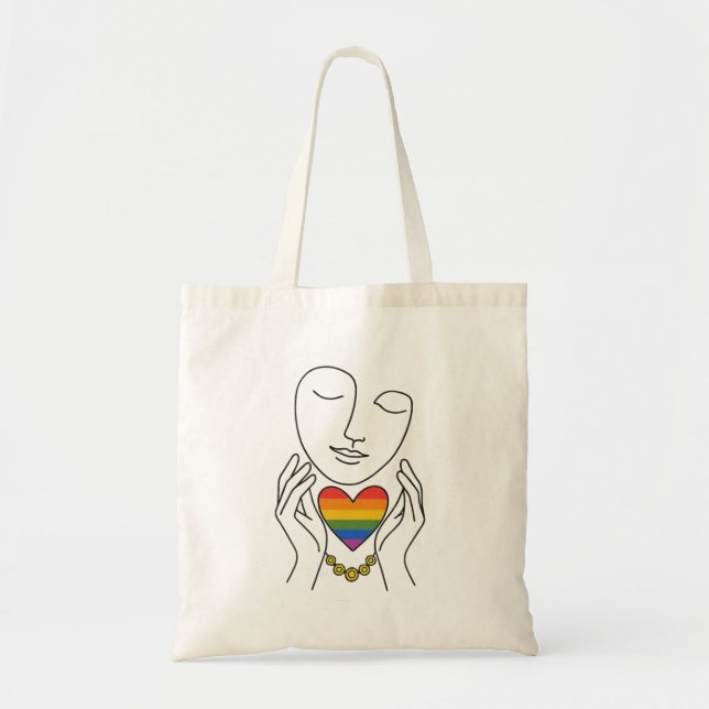 Minimalist Line Art Human Pride Rainbow Heart Tote Bag (Front)