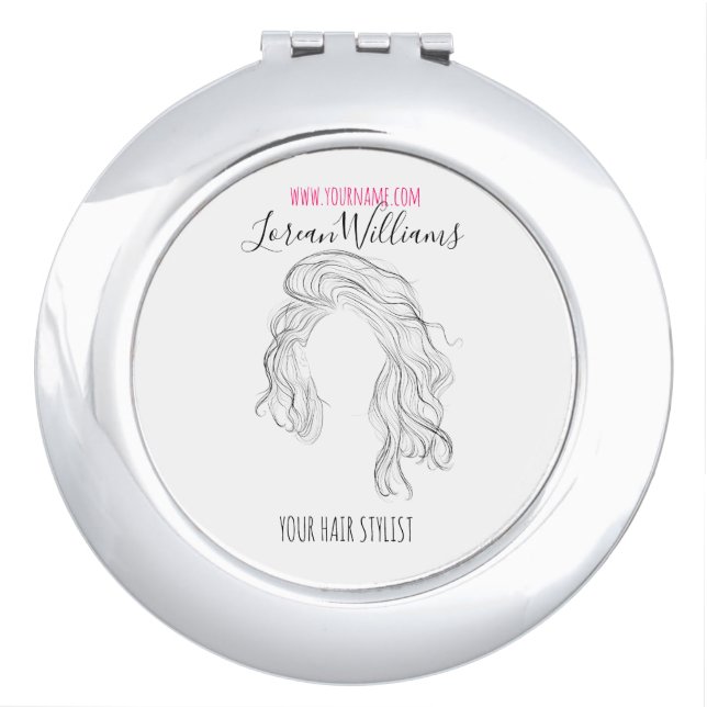 Minimalist Line Art Long Wavy Natural Hair Stylist Compact Mirror (Front)