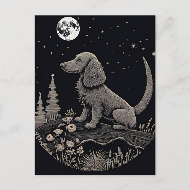 Minimalist Line Art Of a Dachshund On a Moon Postcard (Front)