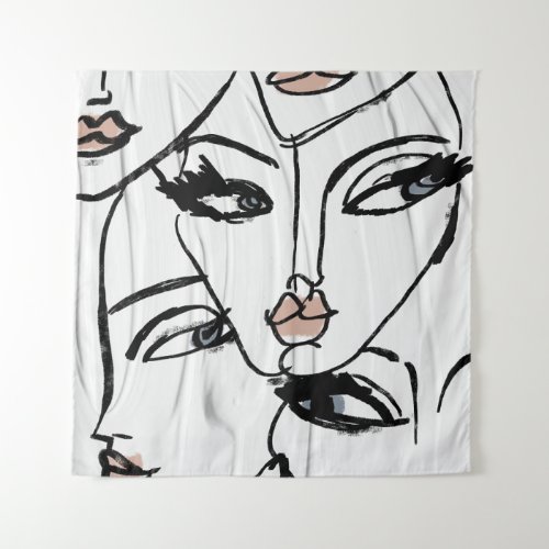 Minimalist line art of women faces tapestry