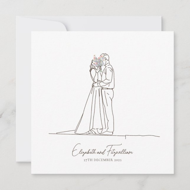 Minimalist Line Art Romantic Couple with Flowers  Invitation (Front)