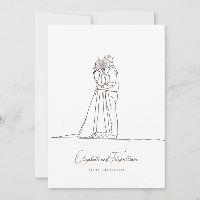 Minimalist Line Art Romantic Couple with Flowers Invitation (Front)