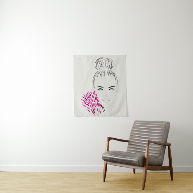 Minimalist line art woman drawing top bun fashion  tapestry (In Situ)