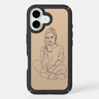 Minimalist Line Art Woman with Coffee | Cozy Aesth iPhone 16 Case