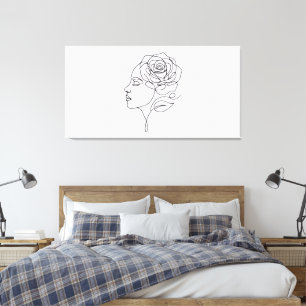 Minimalist Line Art Woman with Rose Flower Canvas Print