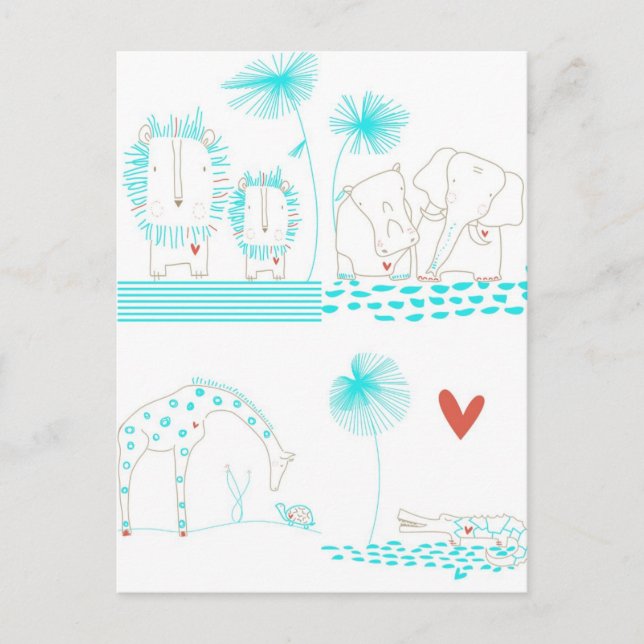 Minimalist Lion, Turtle, Crocodile and Giraffe Postcard (Front)