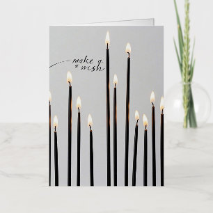 Minimalist lit black-line candles flames foil greeting card