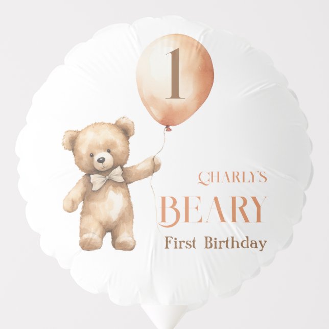 Minimalist Little Bear Beige Beary 1st Birthday Balloon (Front)