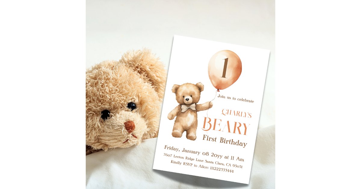 Minimalist Little Bear Beige Beary 1st Birthday Invitation | Zazzle