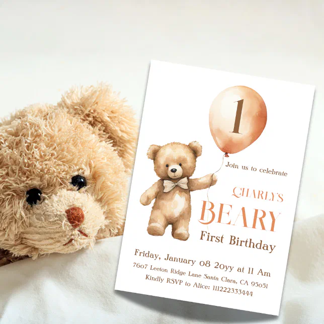 Minimalist Little Bear Beige Beary 1st Birthday Invitation | Zazzle