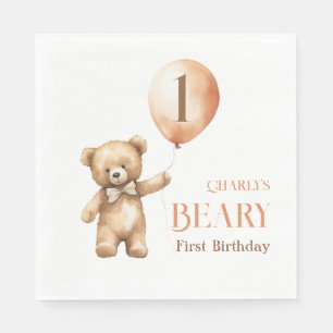 Minimalist Little Bear Beige Beary 1st Birthday Napkins