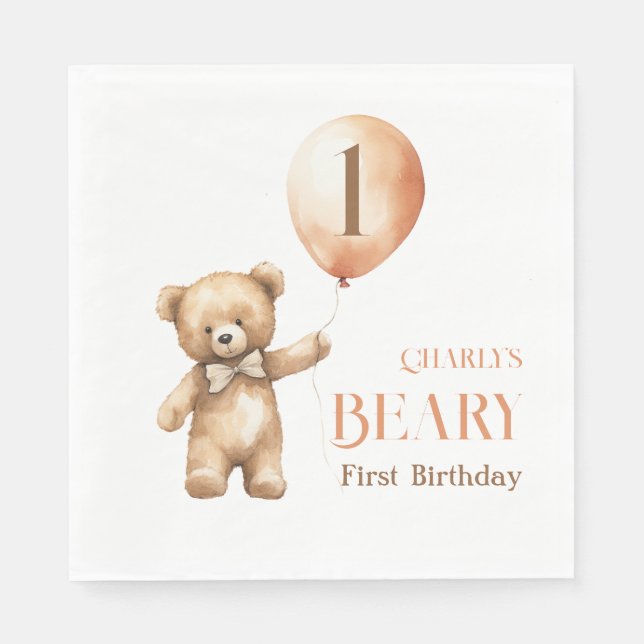 Minimalist Little Bear Beige Beary 1st Birthday Napkins (Front)