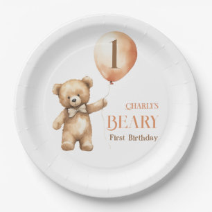 Minimalist Little Bear Beige Beary 1st Birthday Paper Plates