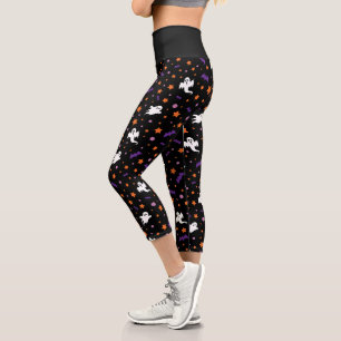 Minimalist Little Ghost and Star Black Halloween Capri Leggings