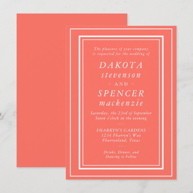 Minimalist Living Coral | Simple Modern Wedding Invitation (Front/Back)