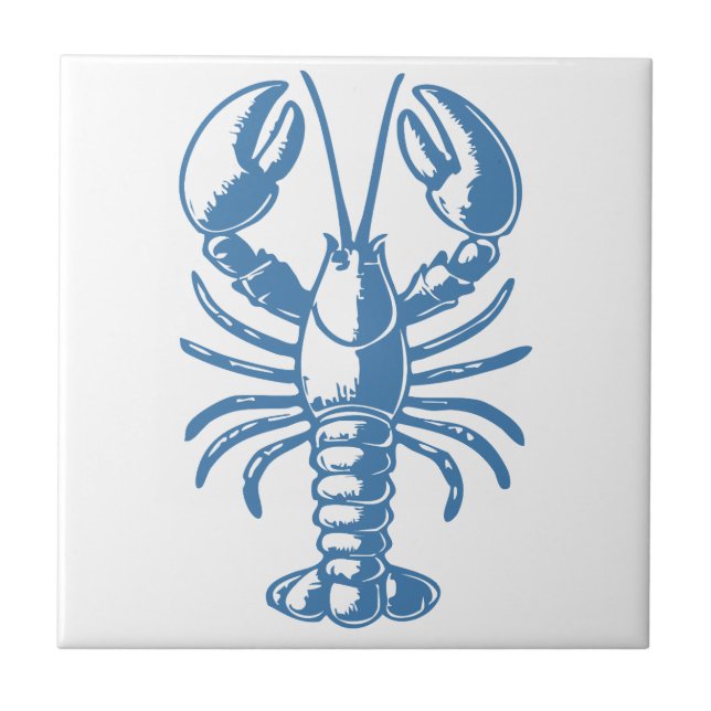 Minimalist Lobster Line Art Blue Outline Coastal Ceramic Tile (Front)