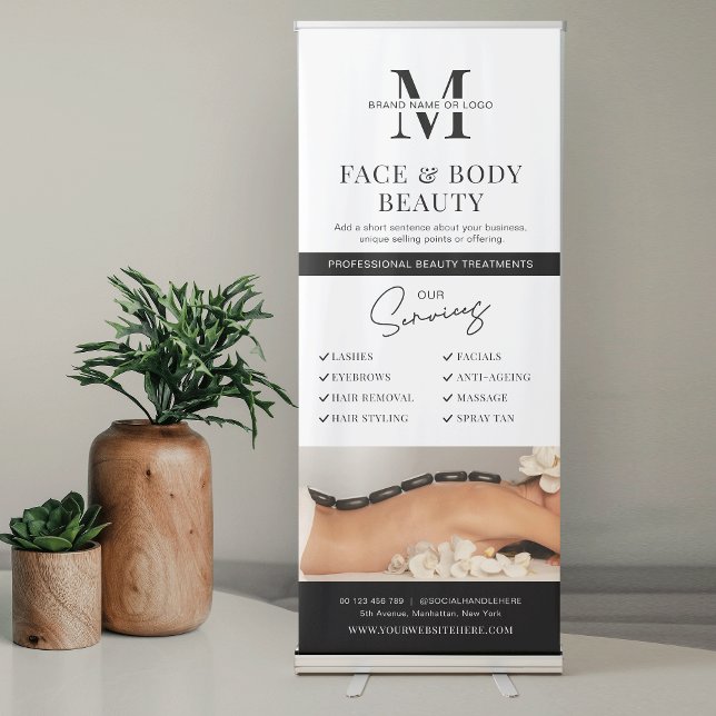 Minimalist Logo Beauty Salon Services Promotional Retractable Banner (Minimalist photo banner salon or spa promotional pull up sign with fully editable colors and logo)