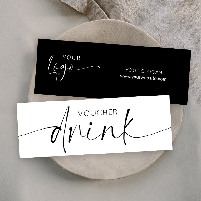 Minimalist Logo Business Event Free Drink Voucher Mini Business Card (Elegant event drink bar voucher in black and white with calligraphy scrip and space for your logo)