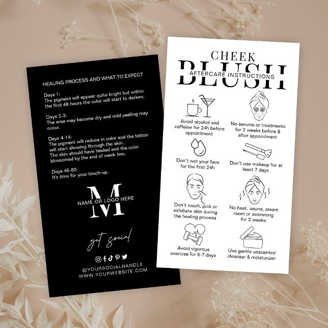 Minimalist Logo Cheek Blush Aftercare Instructions Business Card (Minimal cheek blushing treatment aftercare cards with icons in modern black & white design)
