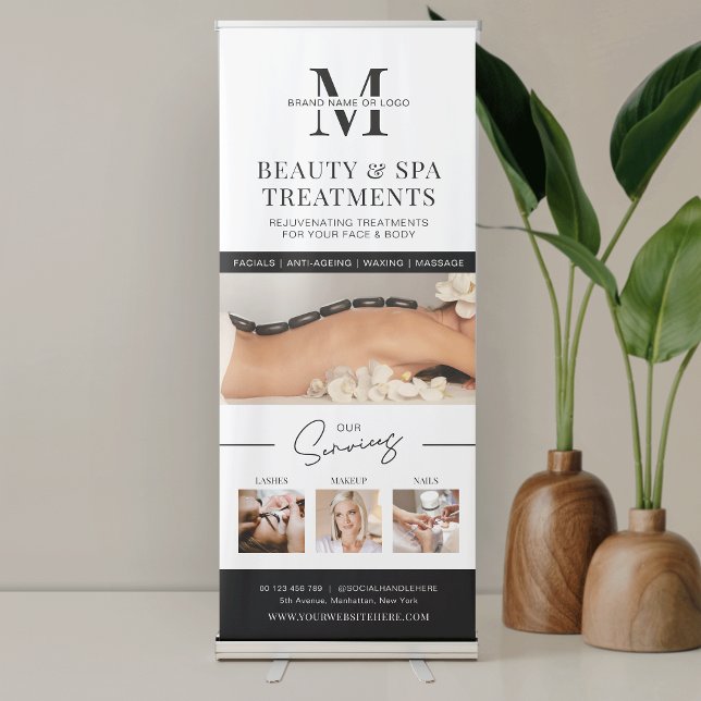 Minimalist Logo Photo Collage Spa Salon Marketing Retractable Banner (Minimalist business logo and services marketing pull up banner - fully editable colors)