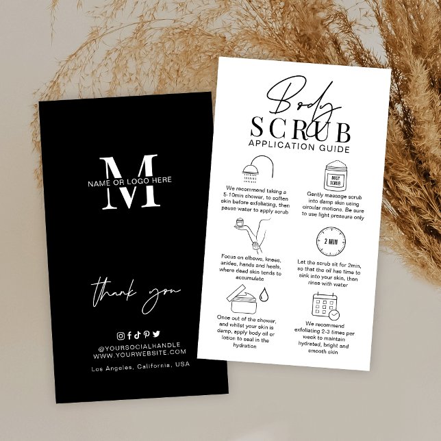 Minimalist Logo Sugar Body Scrub Application Guide Business Card (Minimalist body scrub care cards in black and white, featuring care icons and space for your logo)