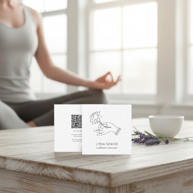 Minimalist Lotus Hand Meditation Instructor QR Square Business Card (Creator Uploaded)