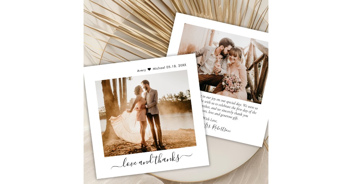 Minimalist Love and Thanks Script 2 Photo Wedding Thank You Card | Zazzle